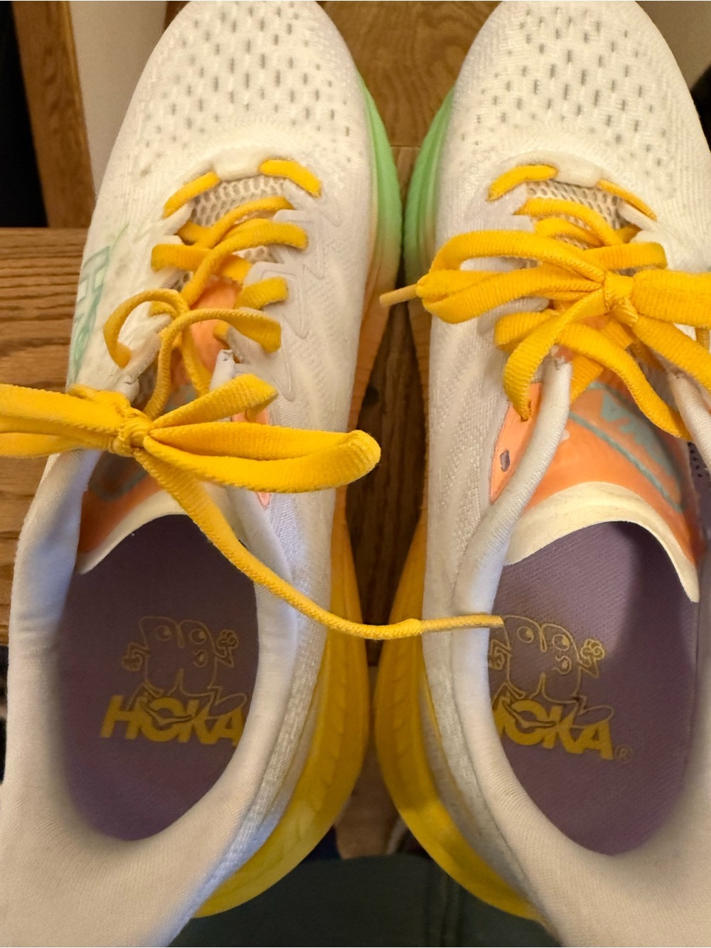 Hoka White Running Shoes with Yellow Laces & Pastel Gradient Midsole - Picture 6 of 7